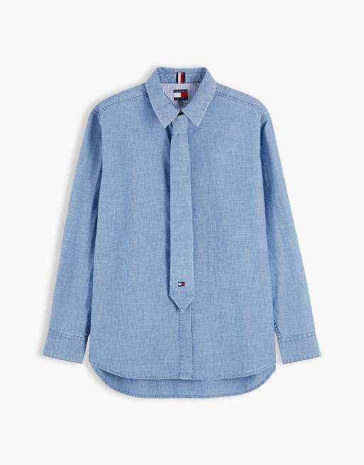 Tommy Jeans Chambray tie shirt in blue, 6 of 7