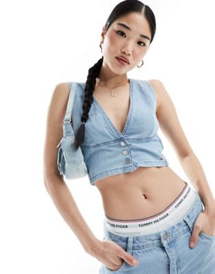 Tommy Jeans chambray top in mid wash