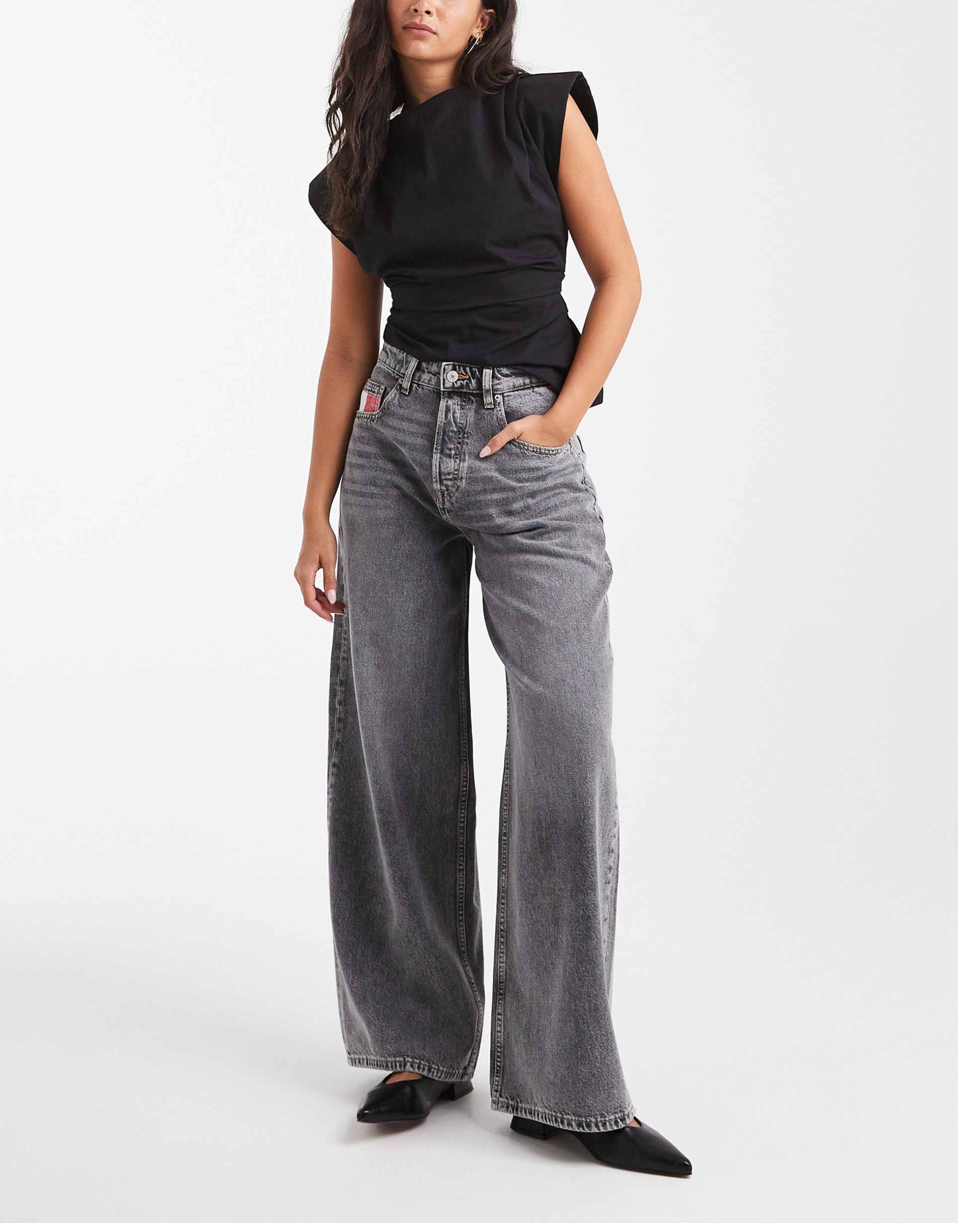 tommy jeans charlie loose wide leg jeans in gray wash