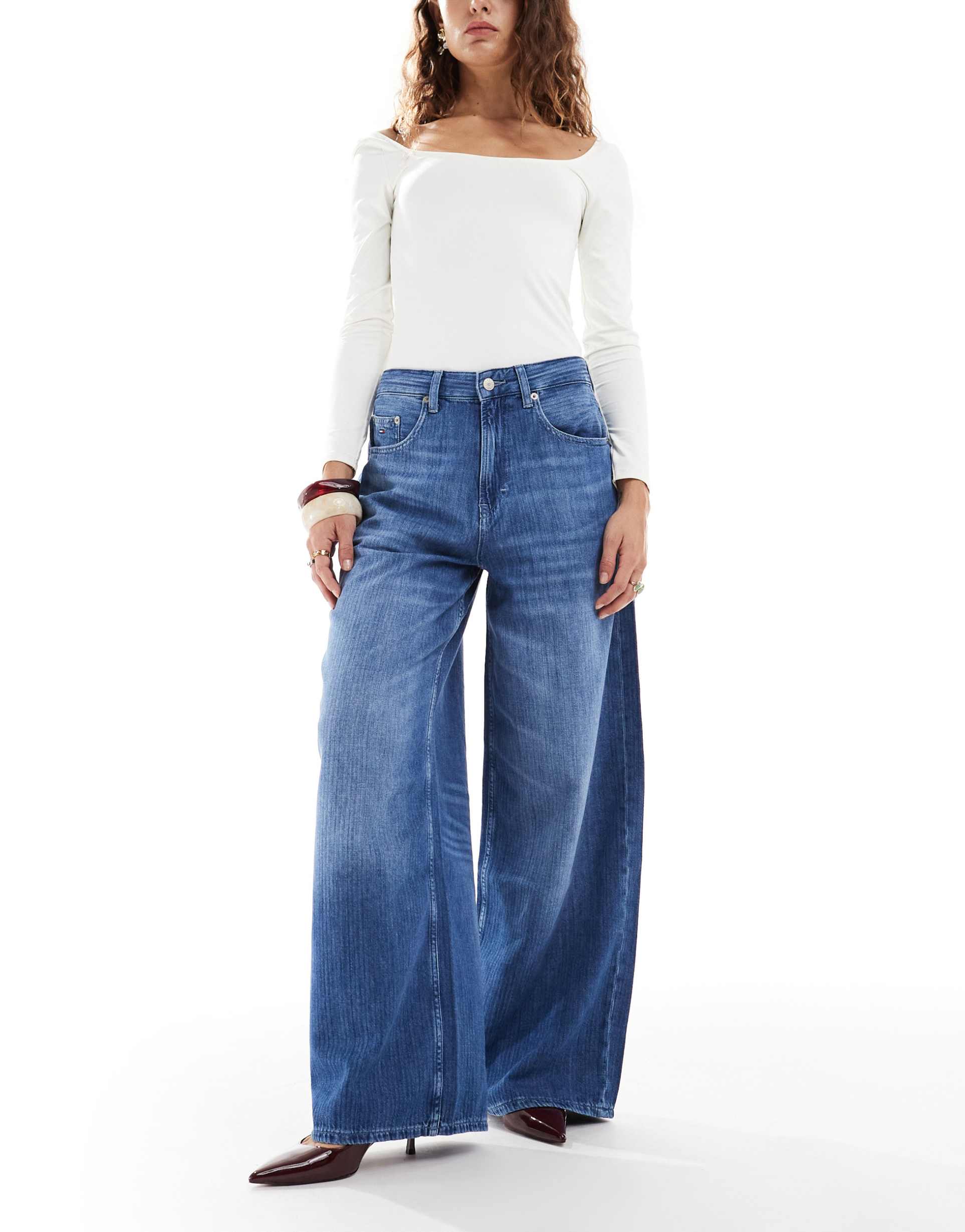 tommy jeans charlie mid rise loose wide leg jeans in mid wash