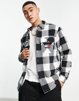 Tommy Jeans check sherpa flannel  overshirt in white/black