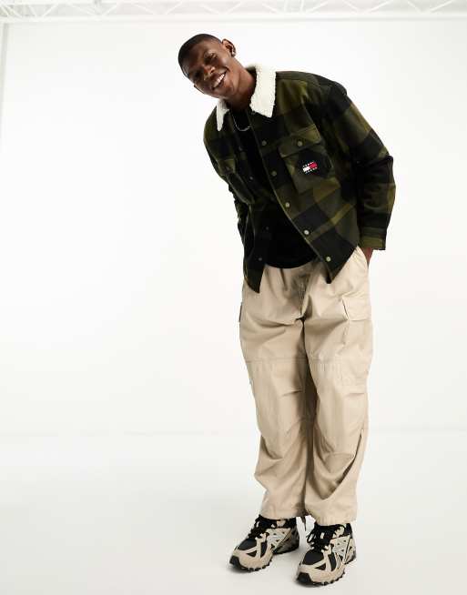 Tommy Jeans check sherpa shirt in dark olive green