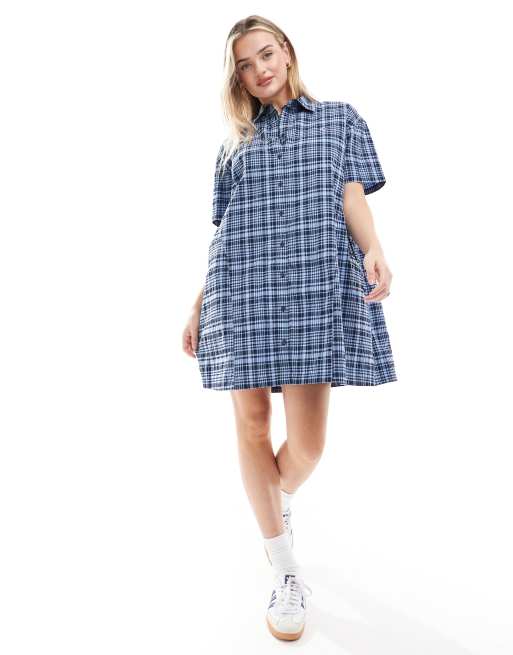 Tommy Jeans Checked Shirt Mini Dress in Blue