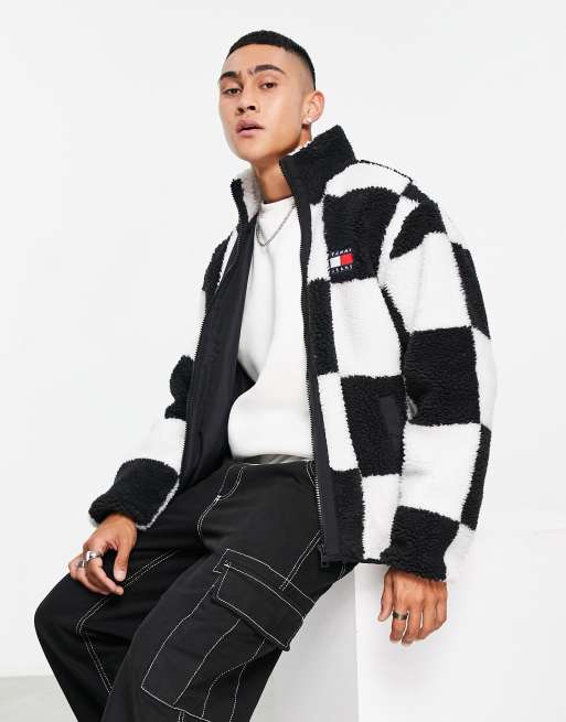 Tommy Jeans checkerboard print sherpa jacket in off white black