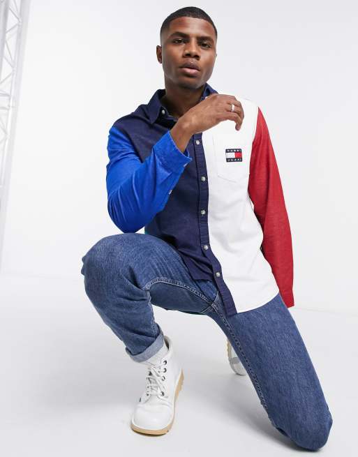 Tommy Jeans - Chemise effet color block avec logo façon écusson - Bleu marine