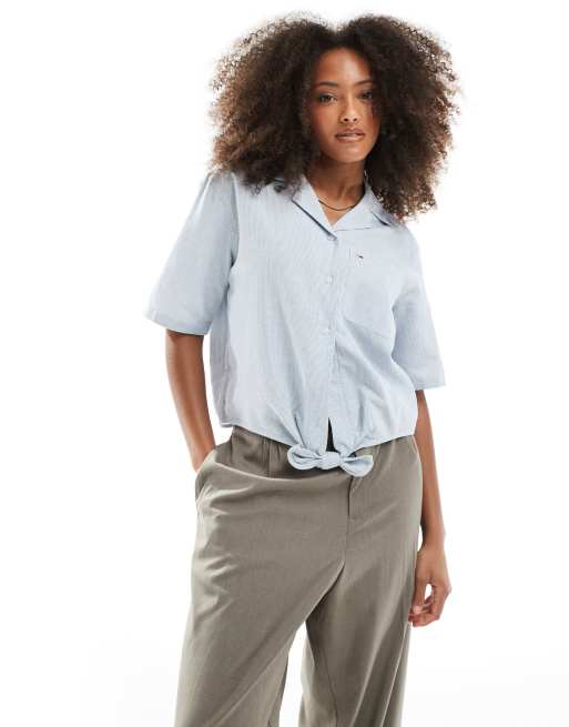 Tommy Jeans - Chemise en lin à manches courtes - Gris clair