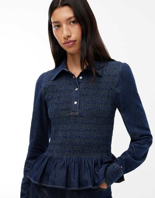 Tommy Jeans chemise smock en chambray à basque en denim foncé, 3 de 6