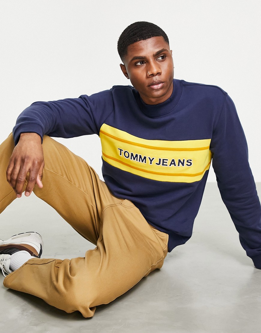 Tommy Jeans chest band colourblock logo mock neck sweatshirt in navy