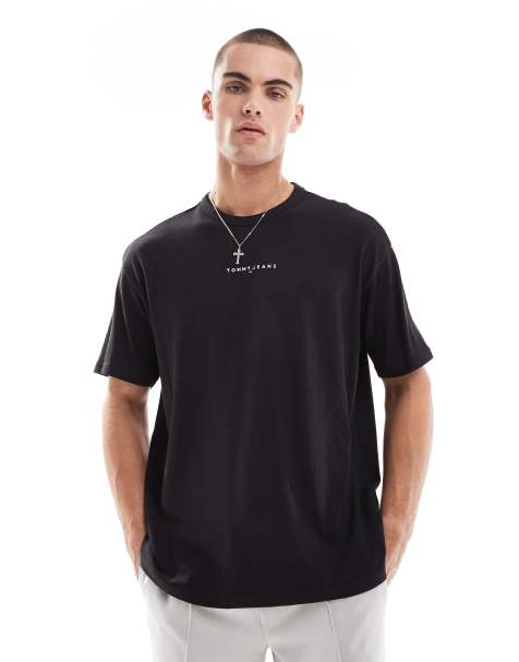Tommy Jeans chest linear logo T-shirt in black - view 1
