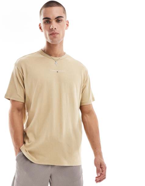 Tommy Jeans chest linear logo t-shirt in tan