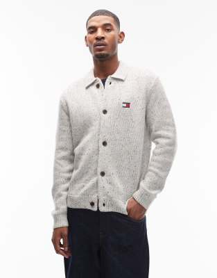 Tommy Jeans Chest Logo Button Up Knit Collared Cardigan In Gray