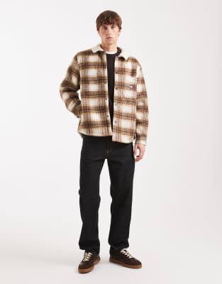 Tommy Jeans Chest Logo Check Teddy Overshirt In Brown