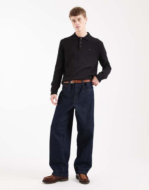 Tommy Jeans chest logo long sleeve polo shirt in black, 2 of 5
