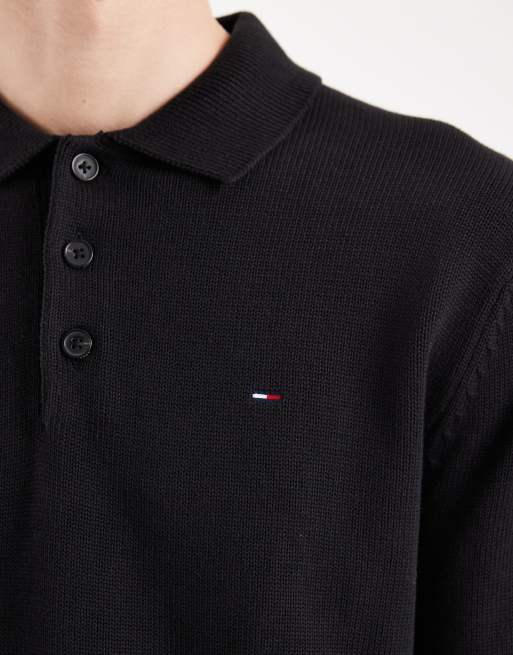 Tommy Jeans chest logo long sleeve polo shirt in black, 5 of 5