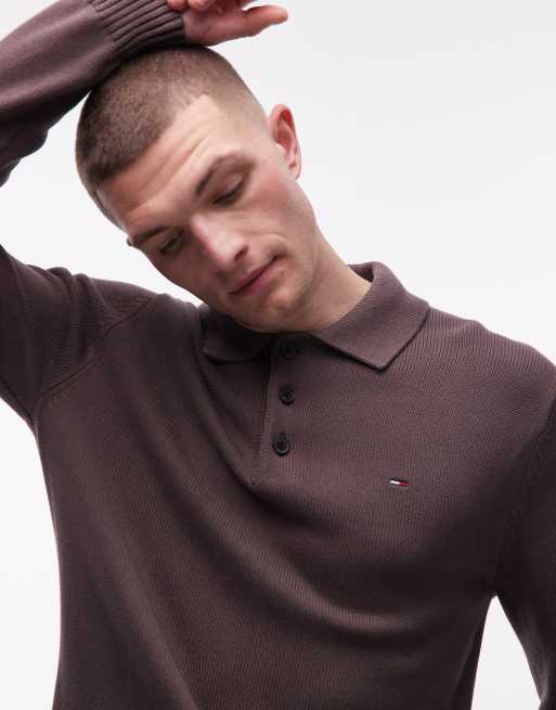 Tommy Jeans chest logo long sleeve polo shirt in brown, 5 of 5