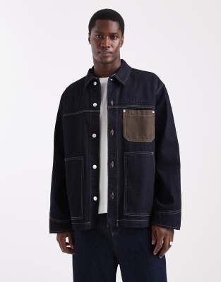 Tommy Jeans chore denim jacket with pocket detailing in dark wash-Navy