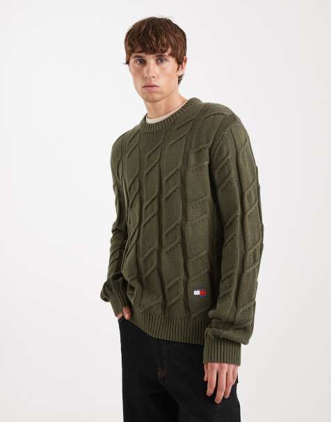Tommy Jeans chunky cable knit sweater in dark green - view 1