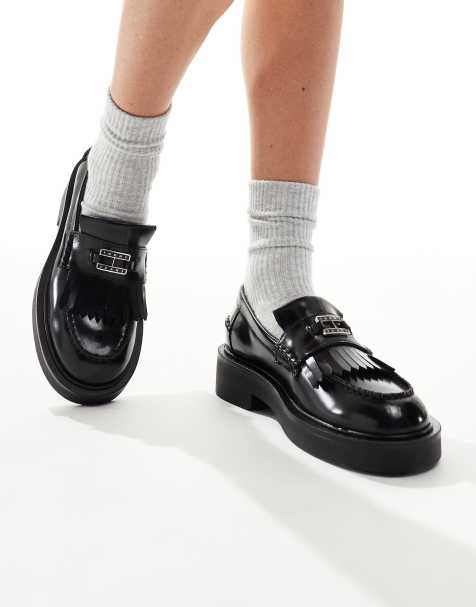 Tommy Jeans chunky fringed loafers in black - view 1
