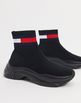 Tommy Jeans chunky sole sock trainer in black | ASOS
