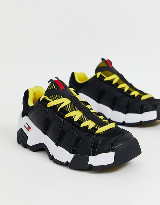 Tommy Jeans chunky trainer in black with contrast yellow laces
