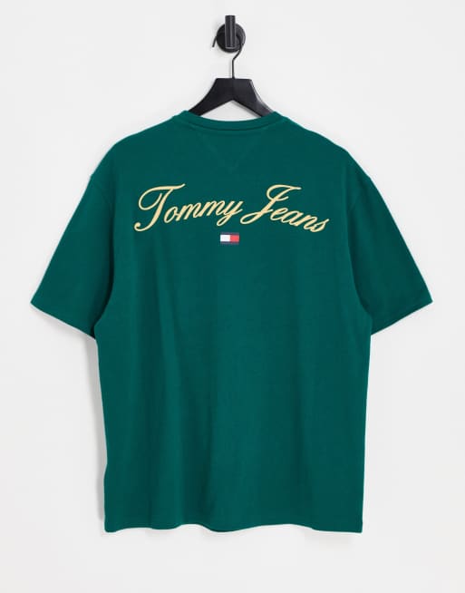 Tommy Jeans – Ciemnozielony T-shirt o kroju skater z logo na plecach