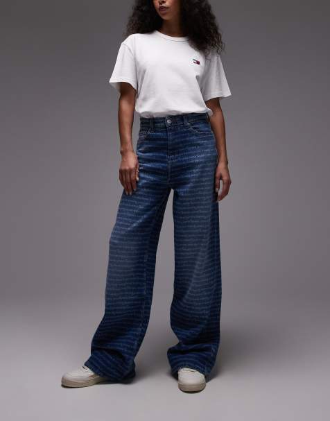 Tommy Jeans Claire repeat logo wide leg jeans in dark wash