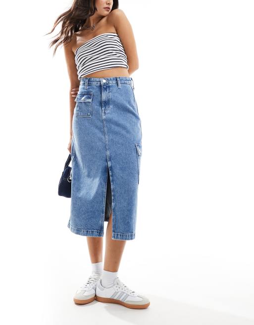 Tommy Jeans - Claire - Gonna midi di jeans lavaggio medio multitasche