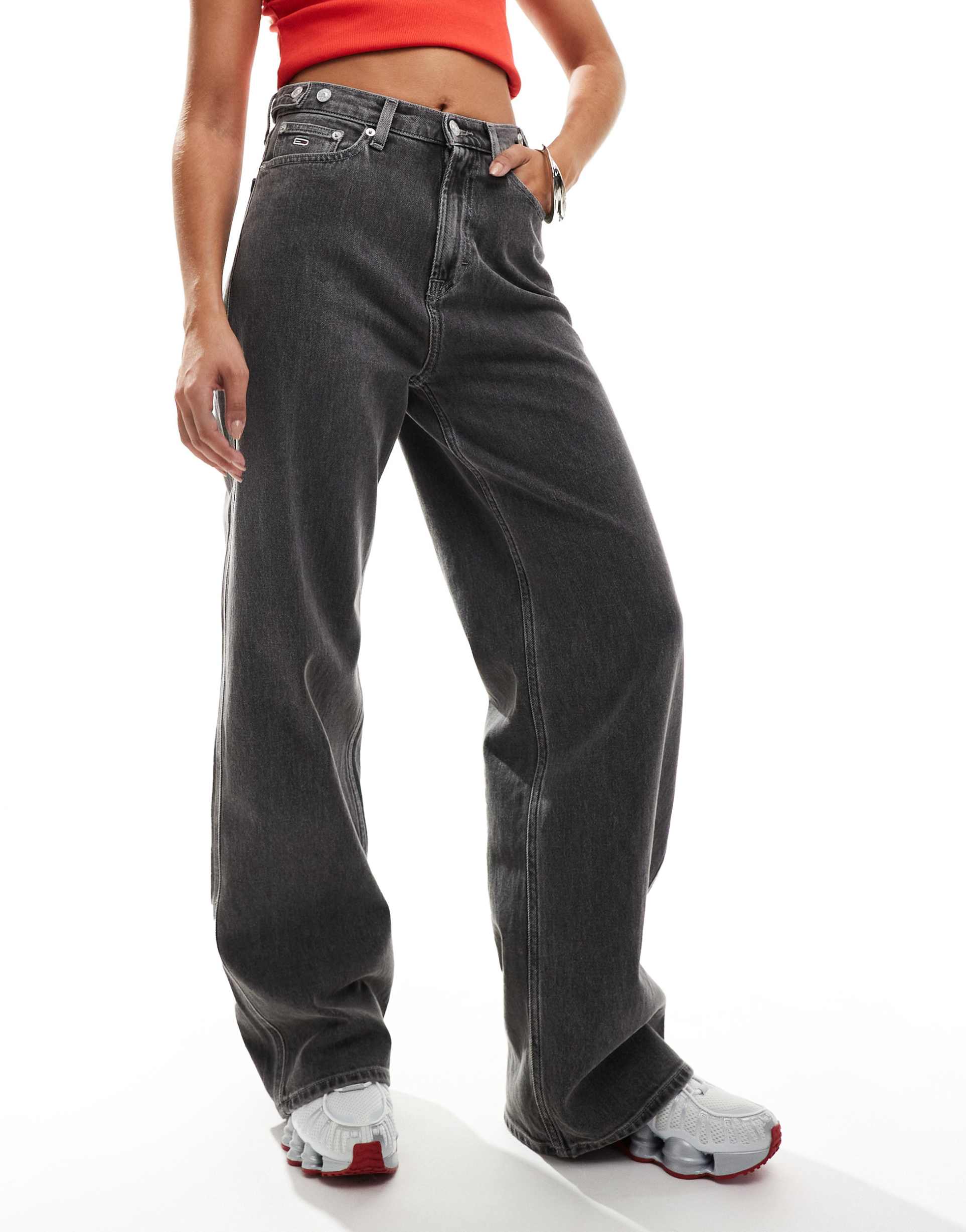 tommy jeans claire high rise wide leg jeans in washed black