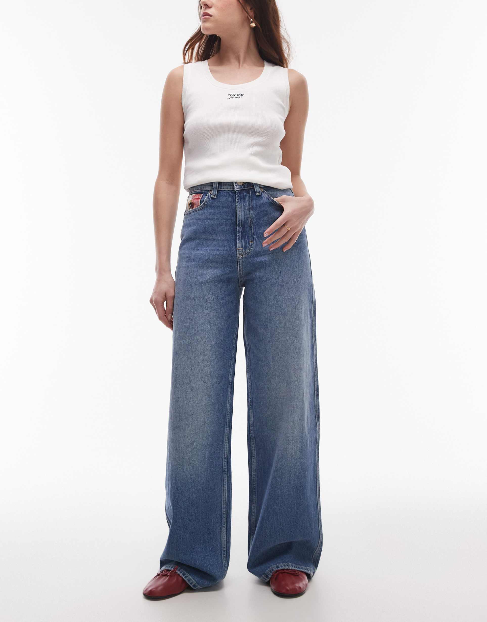 tommy jeans claire high rise wide leg jeans with flag detail in mid wash