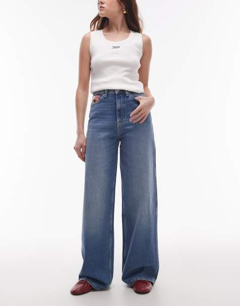 Tommy Jeans Claire high rise wide leg jeans with flag details in mid wash - view 1