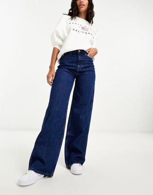 Tommy Jeans Claire high rise wide leg side tab jeans in dark wash - ASOS Price Checker