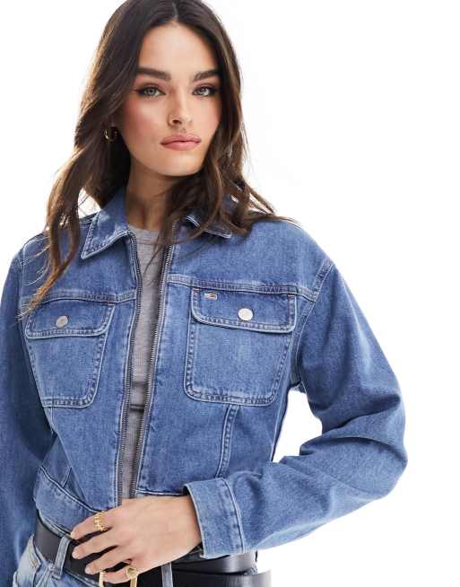 Mid wash extreme shoulder cropped denim jacket best sale