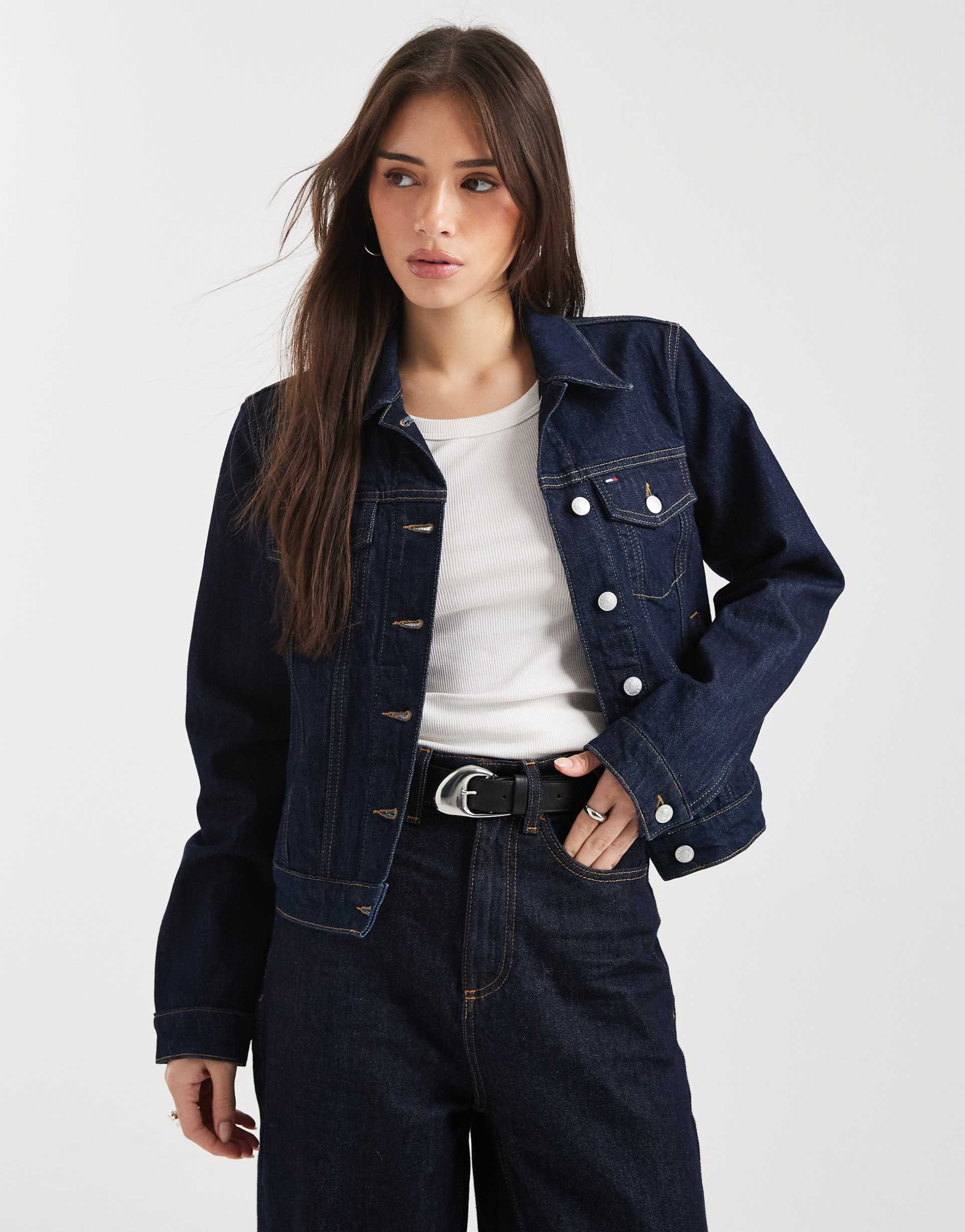 tommy jeans classic denim trucker jacket in dark wash blue