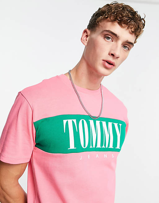 Tommy Jeans classic fit colour block serif logo t-shirt in pink | ASOS