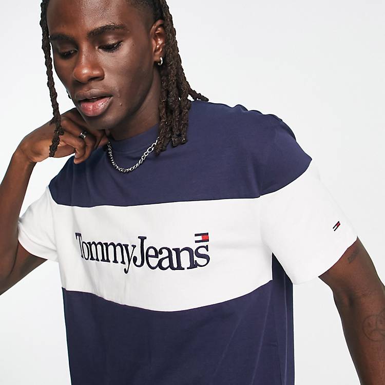 Tommy Jeans classic fit serif linear block logo t-shirt in navy | ASOS