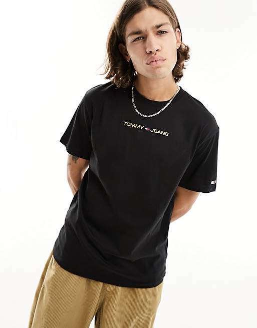 Tommy Jeans classic gold linear logo T-shirt in black | ASOS