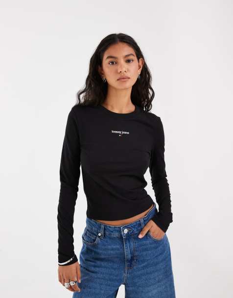 Tommy Jeans classic logo slim fit long sleeve T-shirt in black - view 1