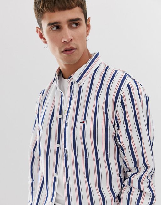 Tommy Jeans classic stripe shirt with flag logo in white/navy/red | ASOS