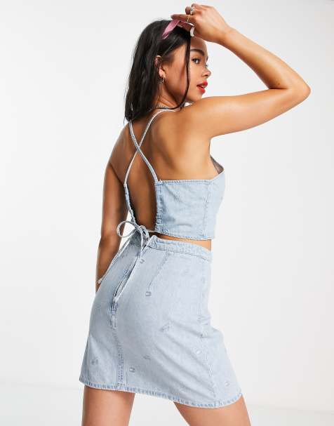 Tommy Jeans co-ord cotton all over critter tie back denim top in light wash - LBLUE - view 1