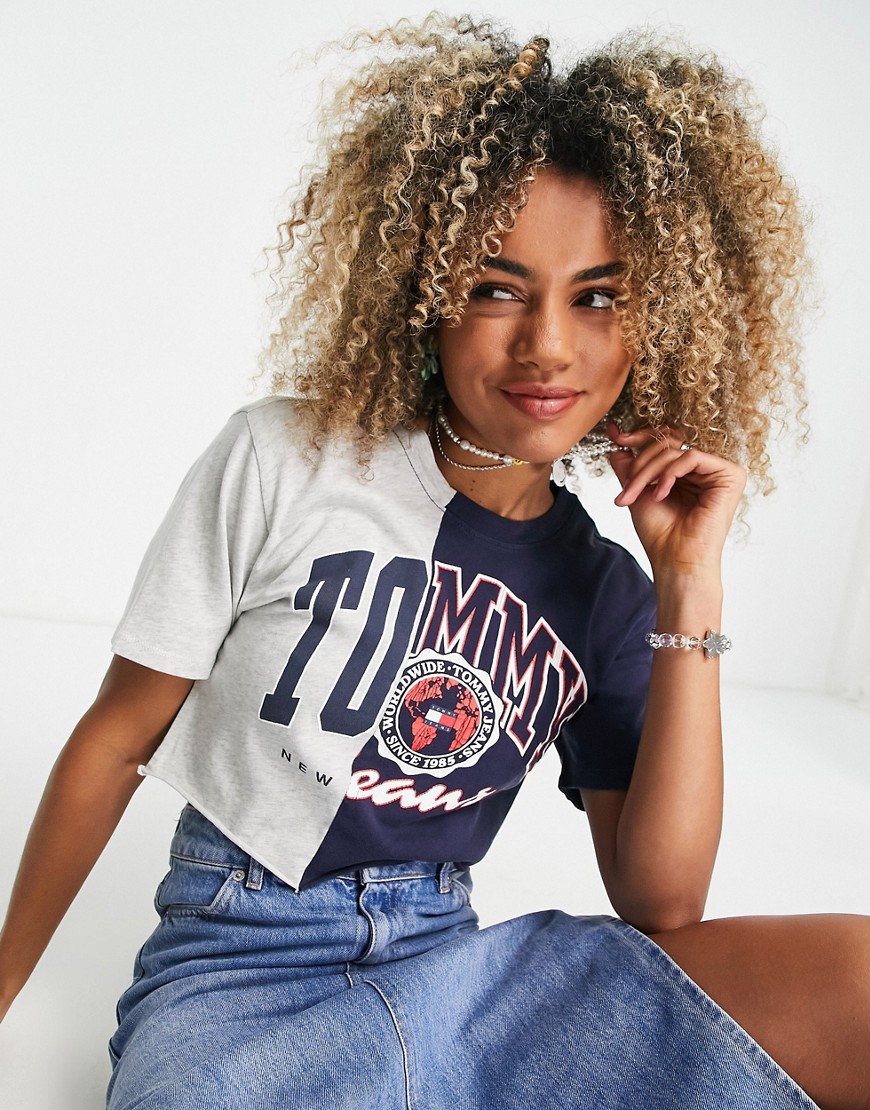 Tommy Jeans Co-Ord Cotton Oversized Cropped Collegiate Spliced Logo T-Shirt In Navy - Navy