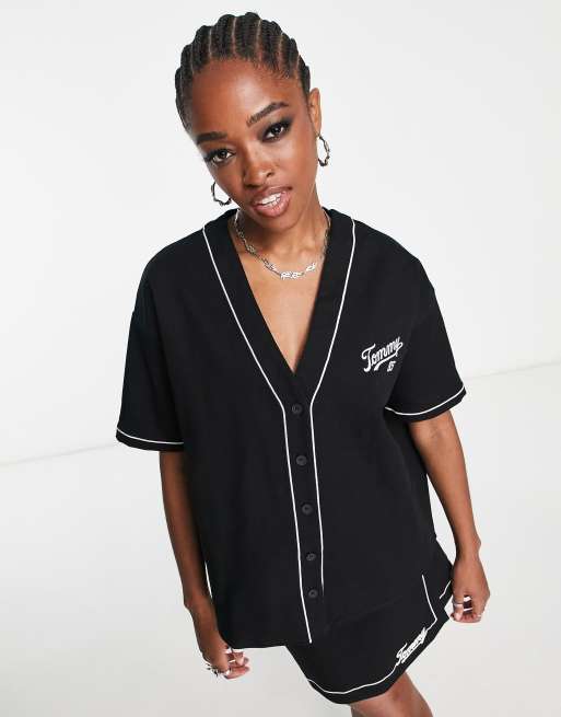  Women Baseball Jersey Dress Button Down Shirts Oversized  T-Shirts Baseball Costume Tops Fashion Streetwear Black : Sports & Outdoors