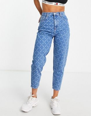 Tommy Jeans co-ord tapered all over logo mom jeans in mid wash | ASOS