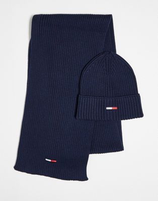 Tommy Jeans flag logo beanie and scarf set in navy - ASOS Price Checker
