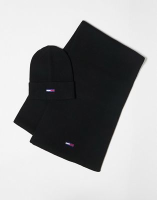 Tommy Jeans flag logo beanie and scarf set in black - ASOS Price Checker