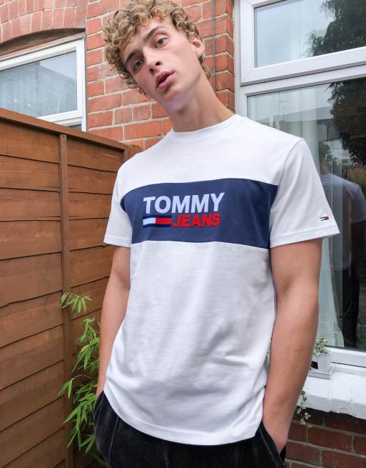 Tommy Jeans color block chest panel logo t shirt in white