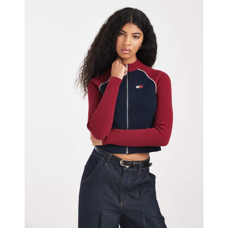 Tommy Jeans color block zip through rib cardigan in burgundy and