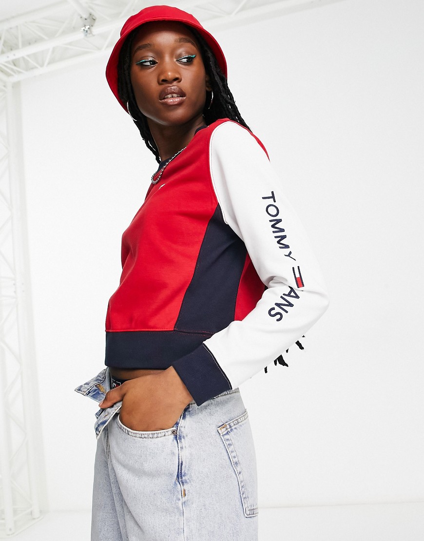 Tommy Jeans colorblock pullover logo sleeve in red-Navy