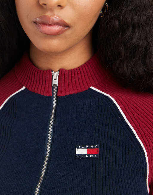 Tommy Jeans colour block sip through rib cardigan in burgundy and navy, 3 of 4
