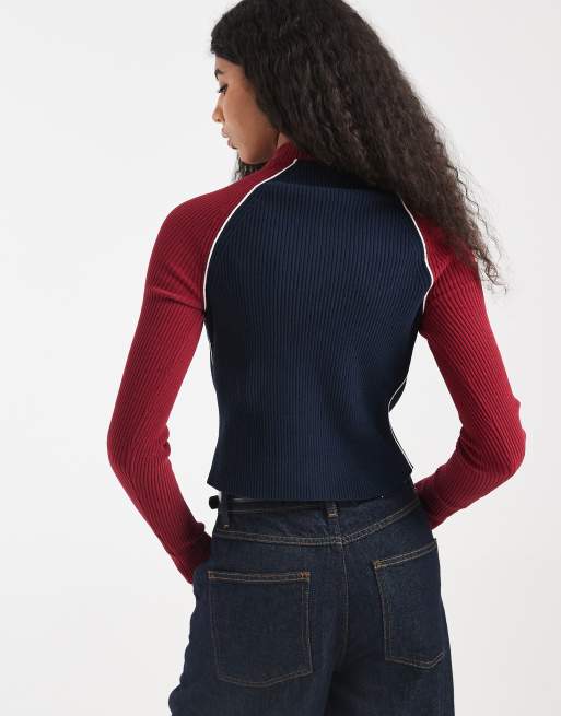 Tommy Jeans colour block sip through rib cardigan in burgundy and navy, 4 of 4