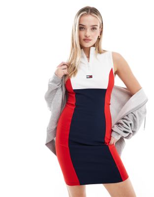Tommy Jeans Colour Block Slim Bodycon Dress in Multi-White